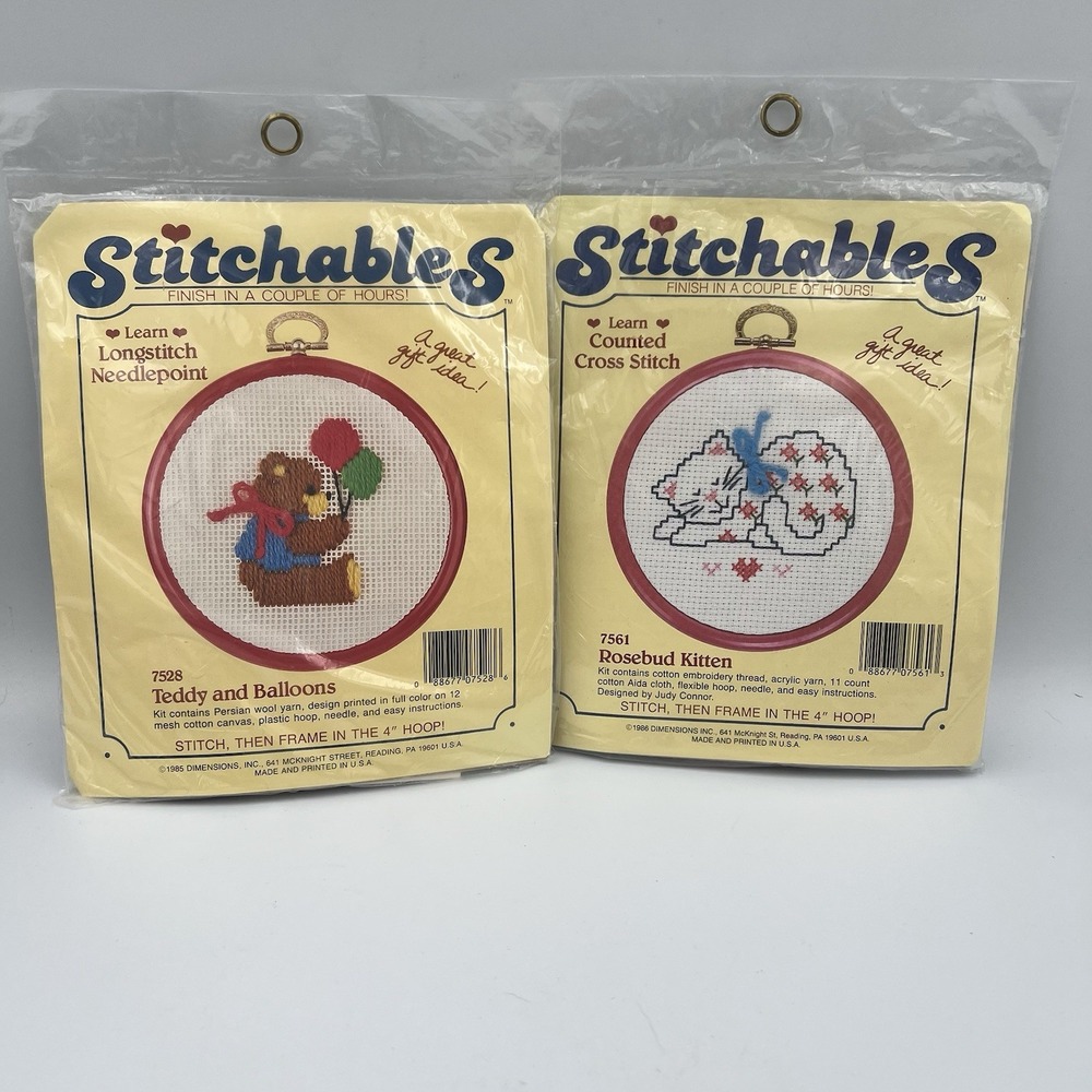 NEW Vintage 80s Stitchables Lot of 2 Cross Stitch Needlepoint Kit Kitty Cat Bear